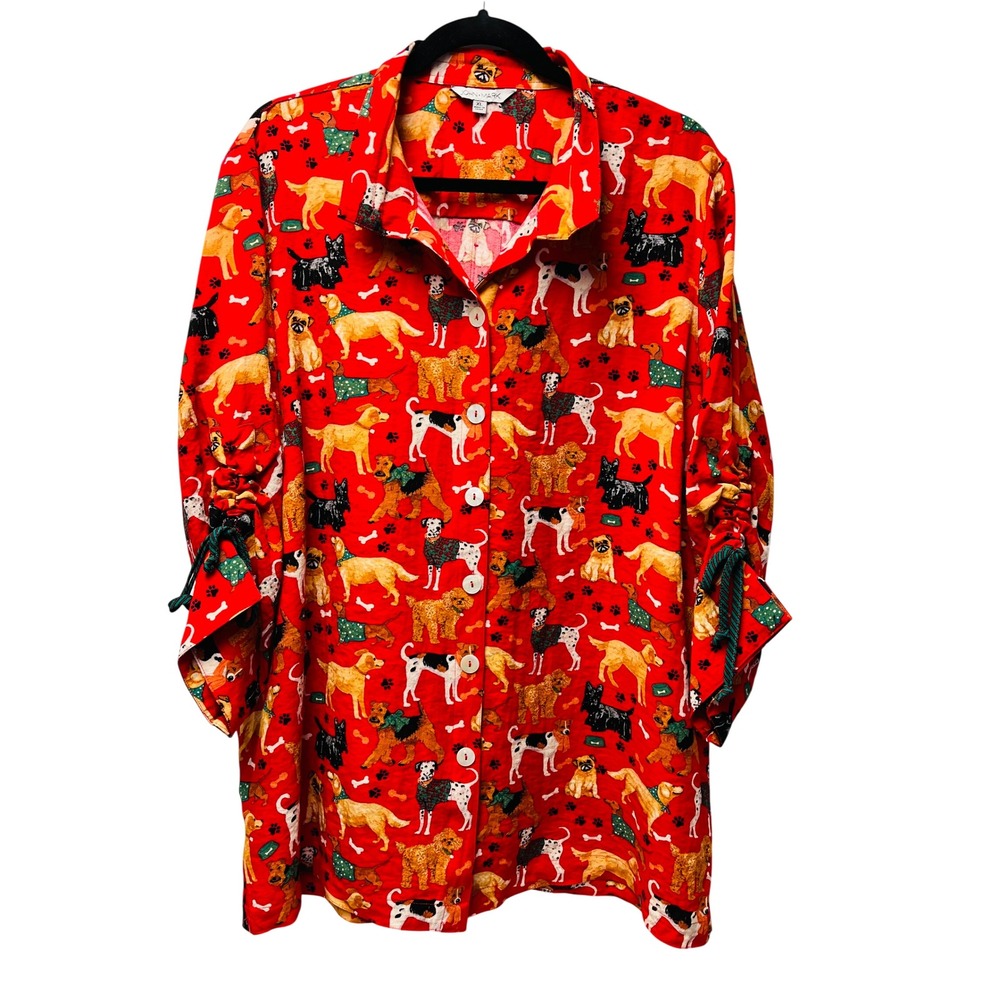 John Mark Button Down Shirt XL Red Dog Print Novelty Quirky Pet Lover Paw Bone